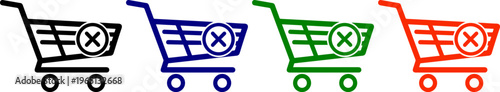 Shopping cart icons with cancel symbol in black, blue, green, and red, e-commerce concept
