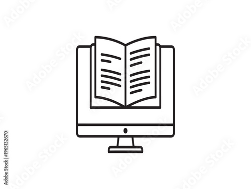 E-learning, online education, book on computer screen, digital learning icon