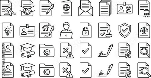 Business Document and Office Workflow Line Icon Set Featuring Contracts, Certificates, Files, Security, Verification, Identity, and Digital Paperwork Symbols for Professional Use