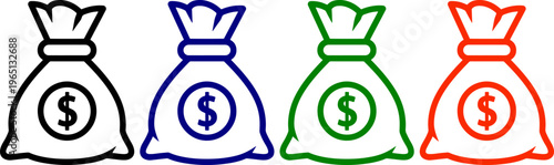 Money bag icons in black, blue, green, and red, representing finance and savings, objects
