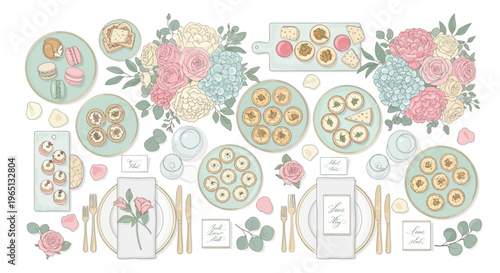 Elegant Table Setting with Pastries, Flowers, and Place Cards for a Celebration