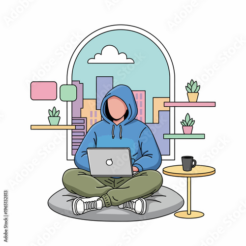 Freelance Developer or Remote Worker Working on Laptop at Home with City View Illustration
