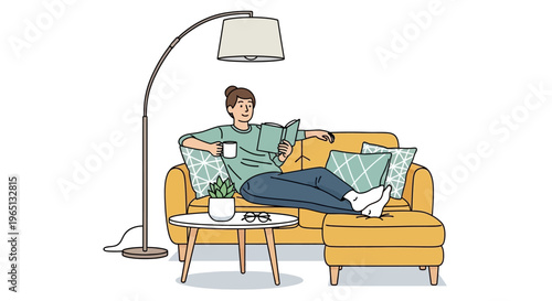 Young woman relaxing on sofa with coffee, reading book, cozy living room illustration
