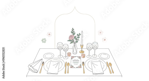 Elegant Wedding Table Setting Illustration with Floral Menu and Candlelight