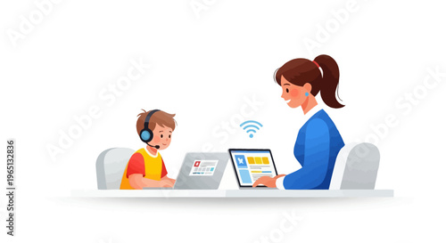 Online Education: Teacher and Student Interact via Laptops and Tablets