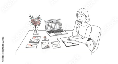 Woman planning at desk with laptop, cards, and flowers - illustration