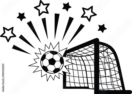 Soccer ball scoring goal vector illustration, black and white football net with stars, sports achievement and championship victory icon