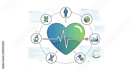 Healthcare Technology: Heartbeat ECG, DNA, Medical Icons, Data Analysis, Pills, Microscope