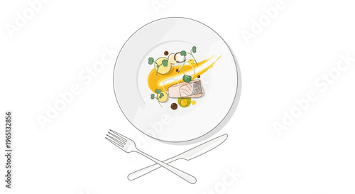 Gourmet Meal Presentation: Fine Dining Dish with Fork and Knife on White Background