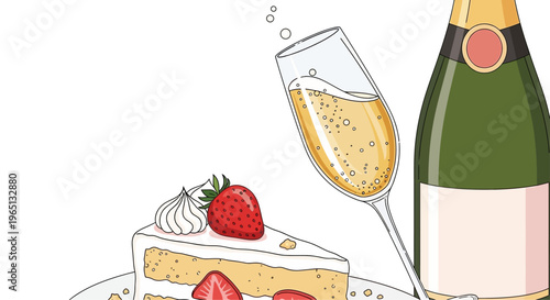 Champagne Bottle, Flute Glass, and Strawberry Cake Slice - Celebration Food Illustration
