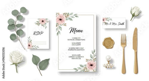 Wedding Stationery Flat Lay: Menu, RSVP Card, Place Card, Flowers, Cutlery, Wax Seal