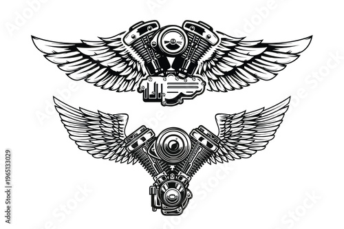 Motorcycle engine with wings emblem, representing freedom, power, and the open road