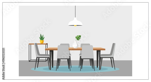 Modern Dining Room Setup with Wooden Table, Chairs, and Pendant Light