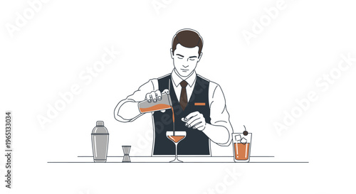 Bartender pouring cocktail in glass, making drinks, modern flat illustration
