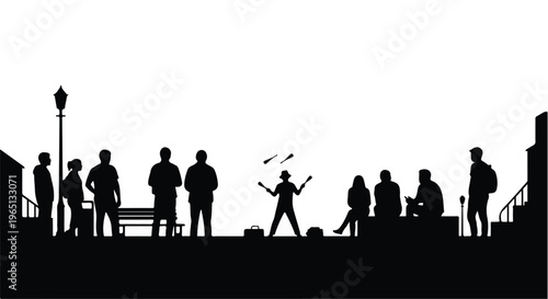 Street performer entertains a crowd with juggling skills on a sunny day.