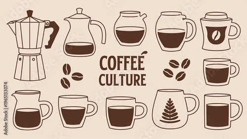 Collection of coffee brewing tools and cups coffee culture concept simple flat vector illustration for cafe or beverage design