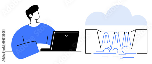 Cloud technology, data analysis, renewable energy, environmental sustainability, remote work, engineering. Person at laptop, dam with water flow and cloud above. Data analysis and renewable energy