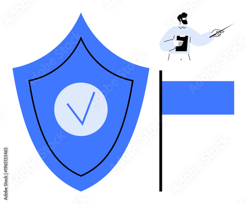 Cybersecurity, data protection, identity verification, online safety, secure connections, fraud prevention. Large shield with checkmark, flag and a person pointing. Cybersecurity and data protection