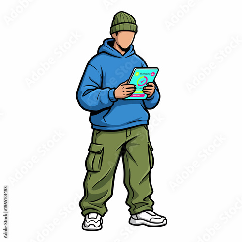 Young Man in Blue Hoodie and Beanie Using a Digital Tablet Vector Illustration