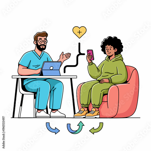 Male Doctor in Scrubs Consulting with Female Patient Using Smartphone and Laptop Illustration