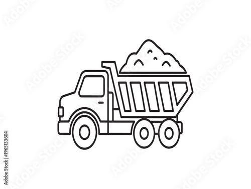 Dump truck, heavy duty vehicle, construction transport, line icon