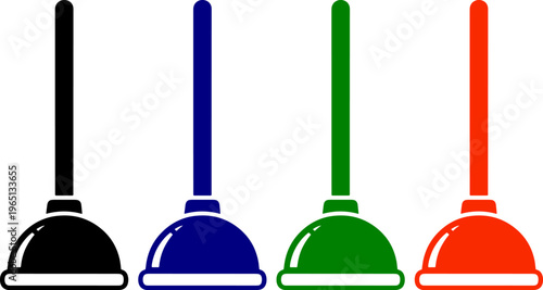 Plunger set in vibrant colors black blue green orange cleaning tool object icon