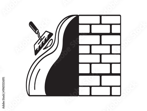 Black and white brick wall with trowel, masonry icon, construction symbol, building illustration