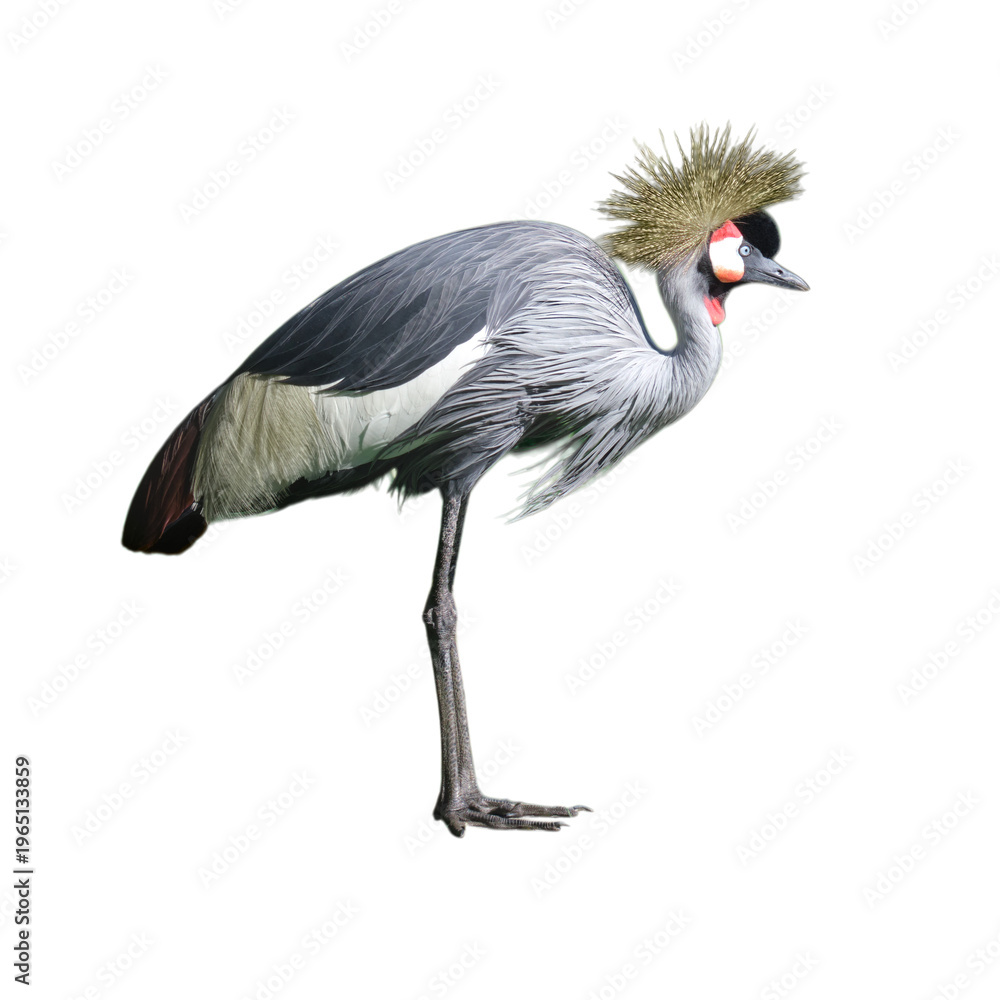 Obraz premium Grey crowned crane standing isolated on transparent background. Majestic exotic African bird with golden crest feathers. Wildlife nature photography of rare avian species for biology education.
