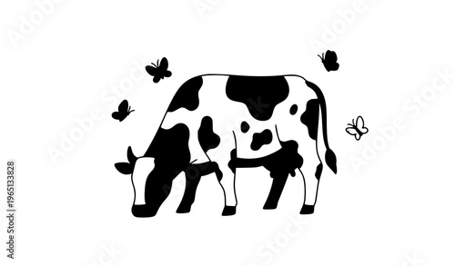 Playful cartoon cow with butterflies grazing farm animal vector