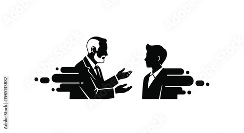 Two businessmen in silhouette engaged in a dynamic conversation, symbolizing communication and collaboration.
