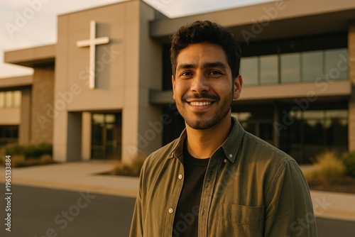 Man smiling outside church