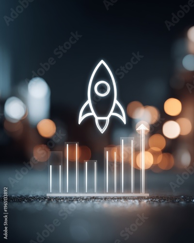Rocket icon on growth arrow chart, modern business environment