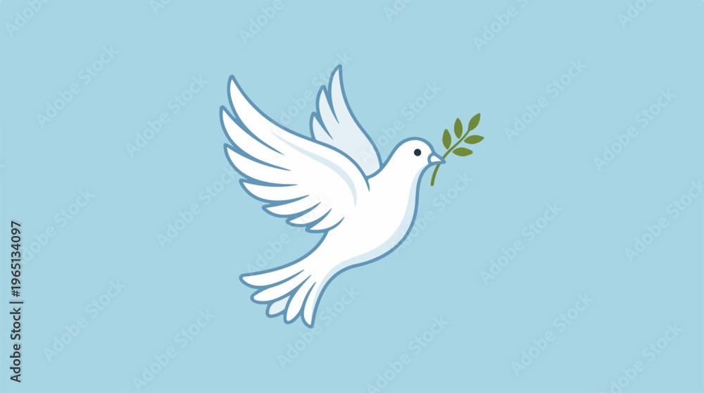 Obraz premium White dove carrying olive branch against a light blue background.