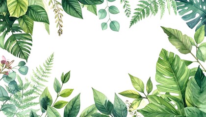 A lush arrangement of various green leaves and plants on a white background