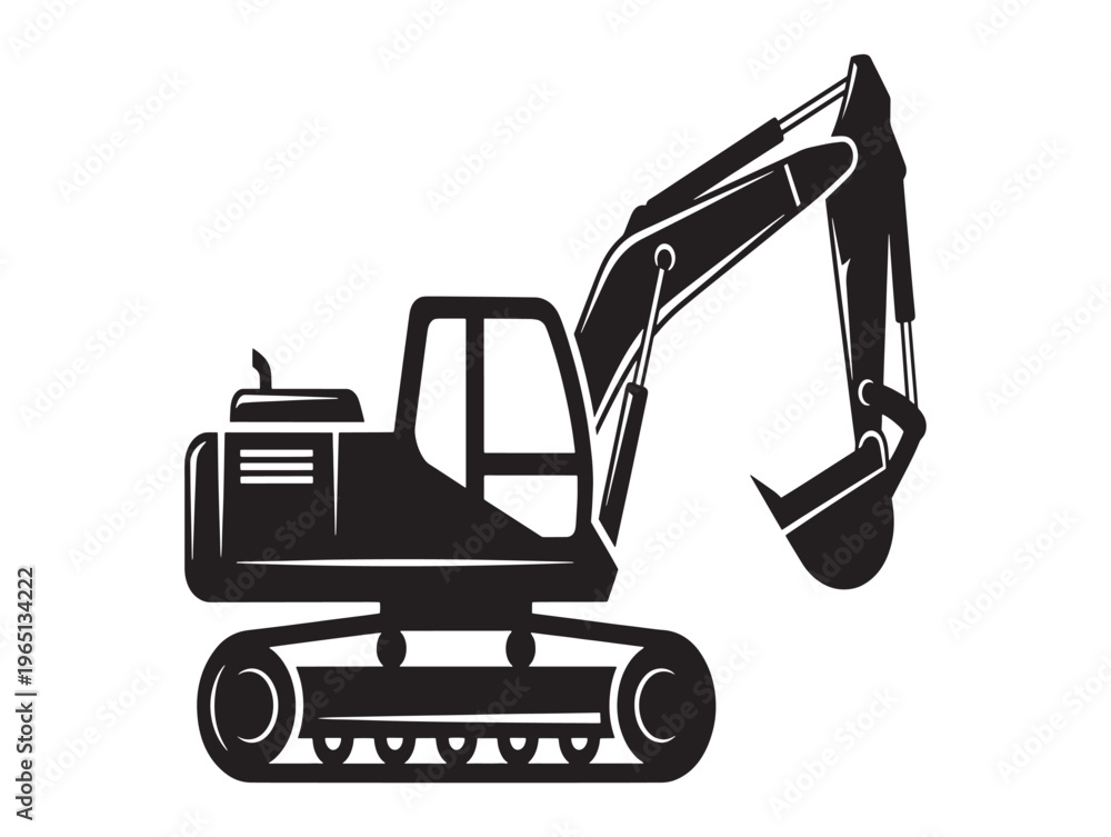 Naklejka premium Black excavator, construction vehicle, heavy equipment, digger icon