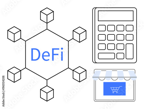 Decentralized finance, fintech innovations, blockchain connectivity, ecommerce solutions, financial transactions, modern banking. Blockchain with DeFi text, calculator, online shopping cart