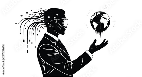 Man in virtual reality headset connects to digital world with global data streams