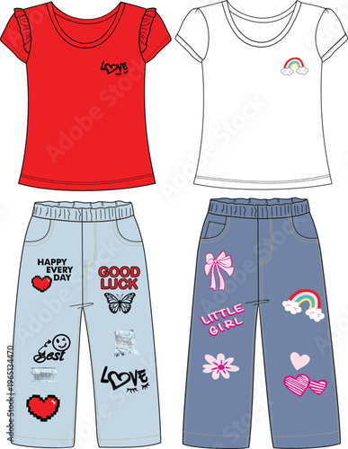 girls top with denim fashion pant print illustrations design.