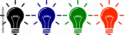 Light bulbs in black blue green and orange emitting light rays on transparent grid background