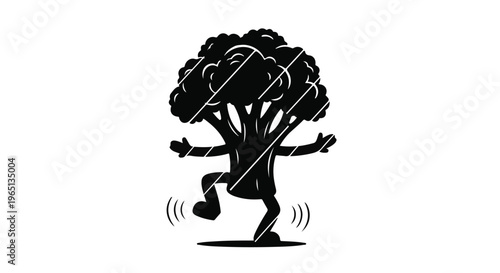 Joyful broccoli character dancing with enthusiasm on a white background