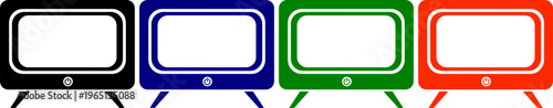 Stylized televisions in black, blue, green, and orange on transparent background