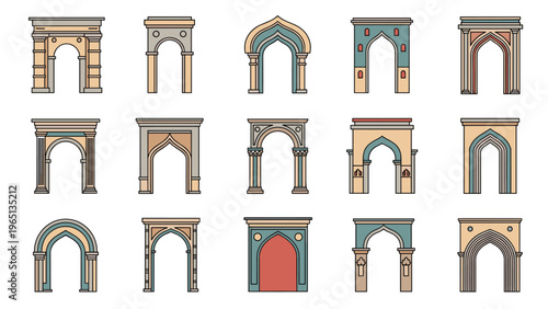 Collection of ornate Middle Eastern and Islamic architectural arch designs in a flat color style for cultural projects.
