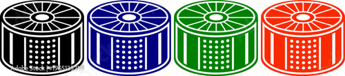 Washing machine drum icons in black blue green and red for laundry and appliances