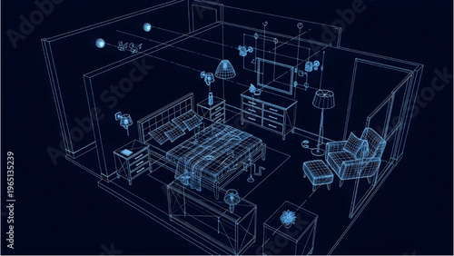 Bedroom decor and lighting plans, AutoCAD blueprint, 3D interior layout, home design, architectural visualization