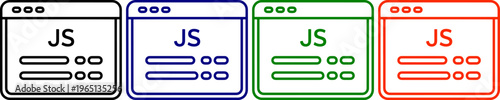 Javascript programming language browser window icon set for web development and coding