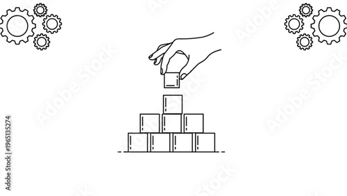 Minimalist line art illustration of a hand stacking geometric blocks in a pyramid shape with gear icons in corners.