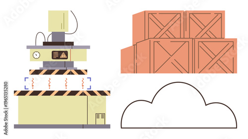 Data storage, logistics, automation, manufacturing, inventory management, cloud computing. industrial machine, wooden crates and a cloud outline. Logistics and automation concepts
