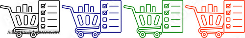 Shopping cart with checklist icon set for retail and online ordering services