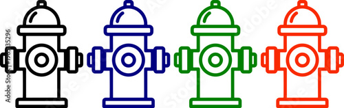 Fire hydrant icon set in black blue green and red for emergency services and water supply