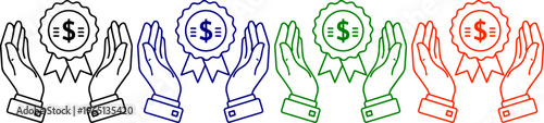 Hands holding award badge with dollar sign representing financial success and investment achievement reward
